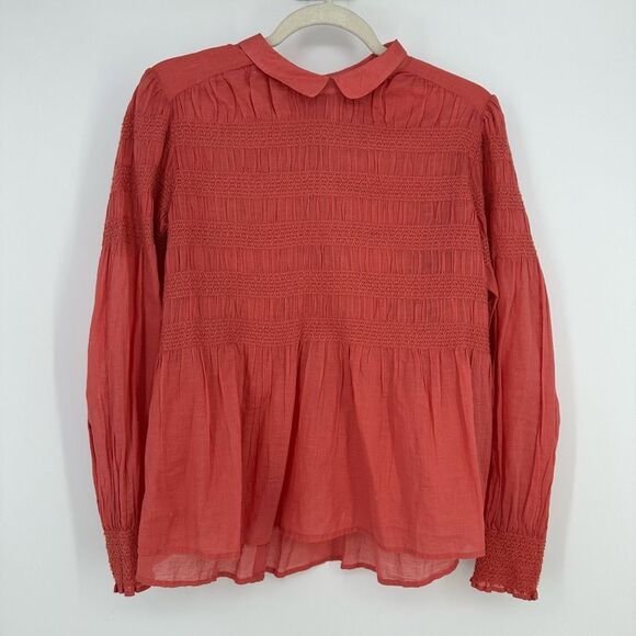 Free People Gauze Cotton Blouse Size M Long Ballon Sleeve Coral Cottage Boho - Picture 5 of 8
